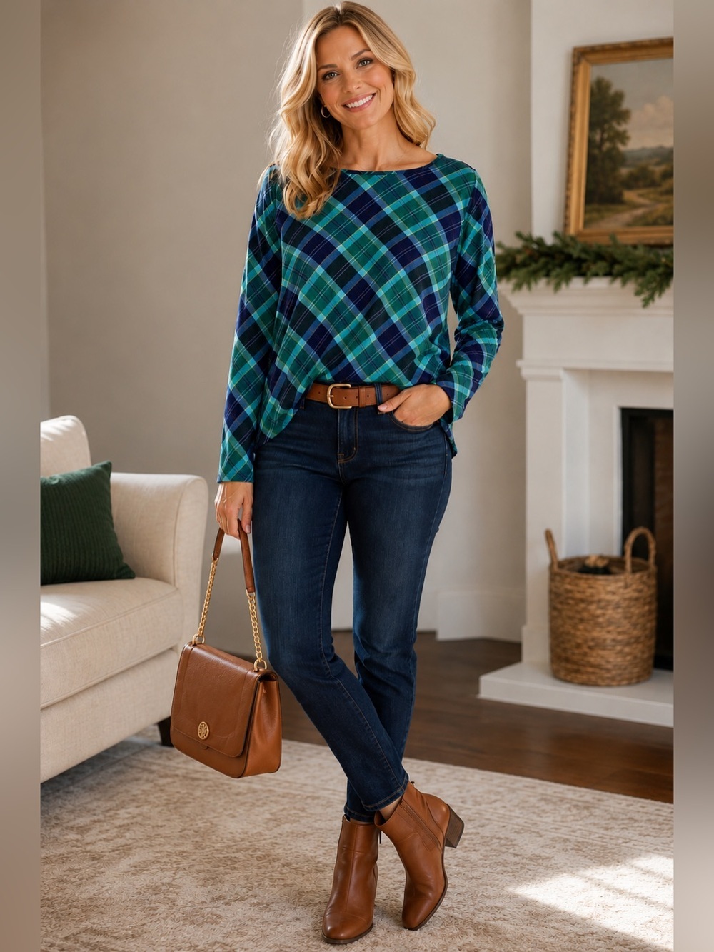 Talbots Blue Green Tartan Plaid Long Sleeve Classic Holiday Preppy Top SZ Petite